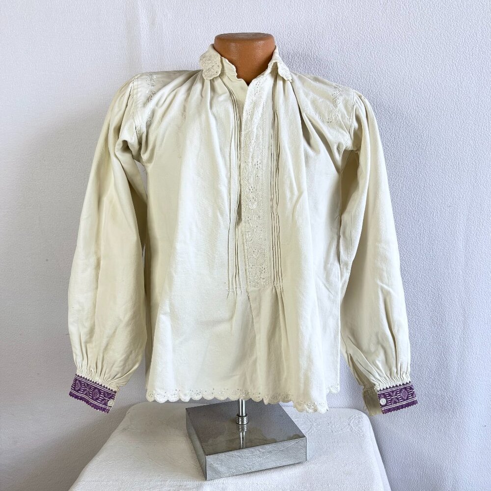 Vintage Men's Romanian Village Homespun Linen Hand Made Embroidered Folk Shirt